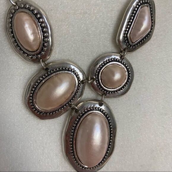 Silver tone faux pearl oval statement cord necklace - Picture 2 of 6